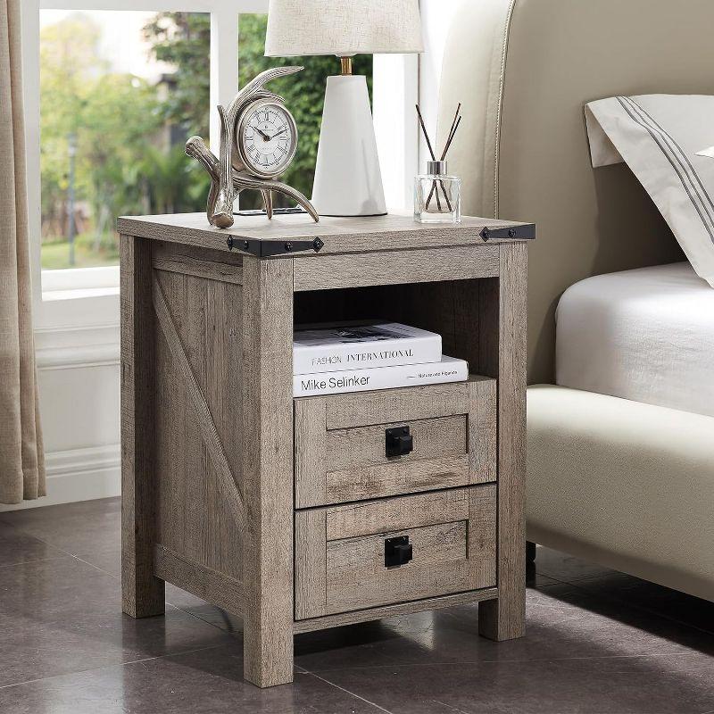 Gray Farmhouse Nightstand with Charging Station and Storage