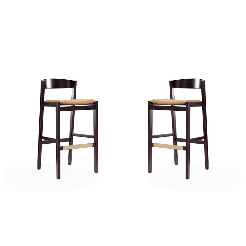 Camel Faux Leather and Dark Walnut Beech Wood Barstools, Set of 2