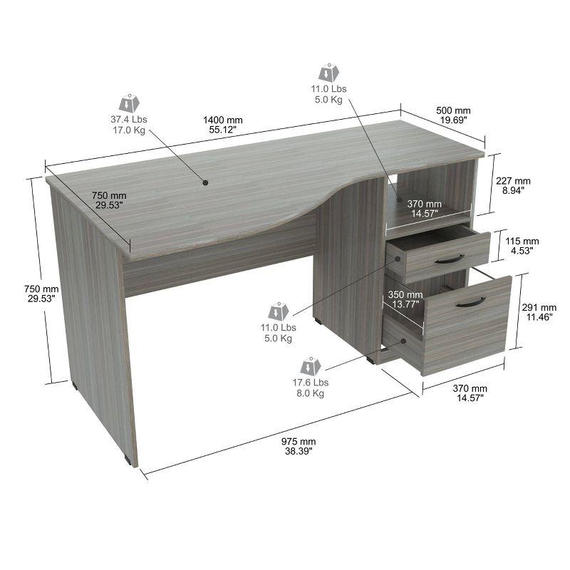 Curved Top Desk Smoke Oak - Inval: MDF Composite Office Table with File Drawer & Open Storage Shelf