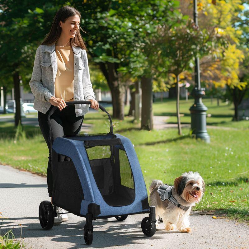 Blue Foldable Pet Stroller with Storage Basket for Medium Dogs