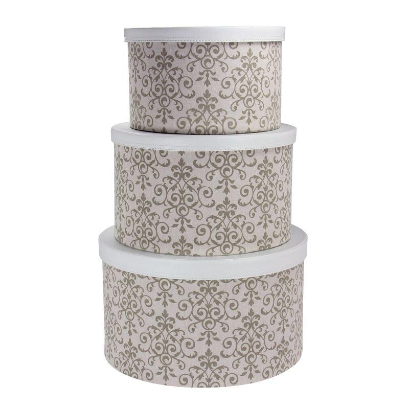 Round Hat Boxes with Lids, Vibrant Scallop Print with Faux Leather Lids, Large, Medium and Small, Stackable and Nestable, Olive and Cream