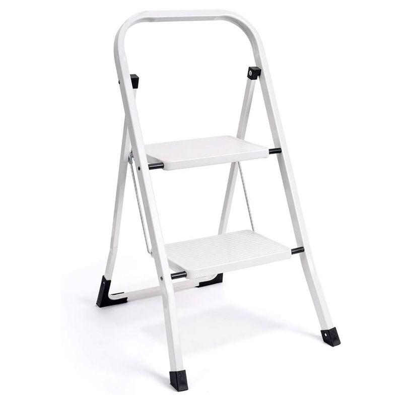 White Foldable Steel 2-Step Stool with Hand Grip