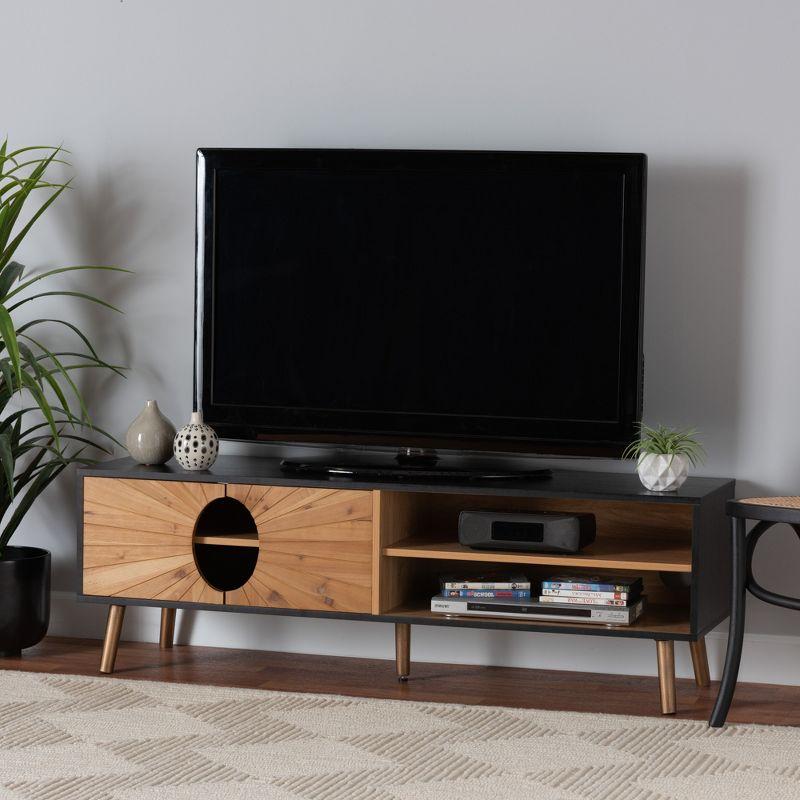 Modern Two-Tone Dark and Natural Brown Wood TV Stand with Cabinet
