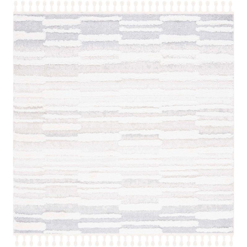 Ivory Diamond Braided Square Shag Rug with Synthetic Fringe