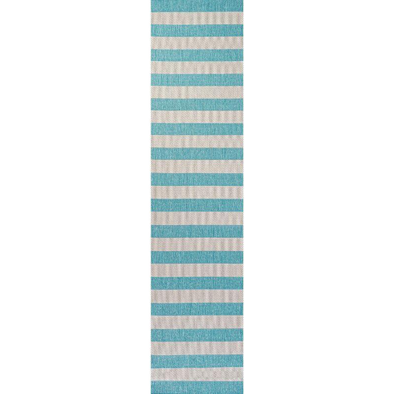 2' x 8' Negril Two-Tone Wide Stripe Indoor/Outdoor Runner Rug, Aqua/Cream - JONATHAN Y