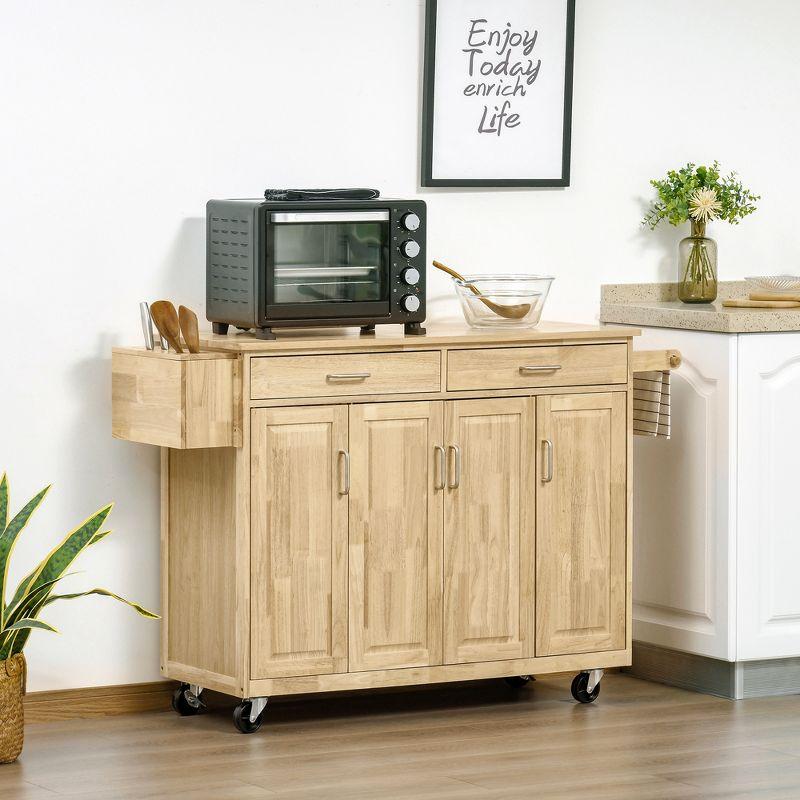 HOMCOM Wooden Rolling Kitchen Island Utility Storage Cart on Wheels with Drawers, Door Cabinets, and Knife Block for Dining Room