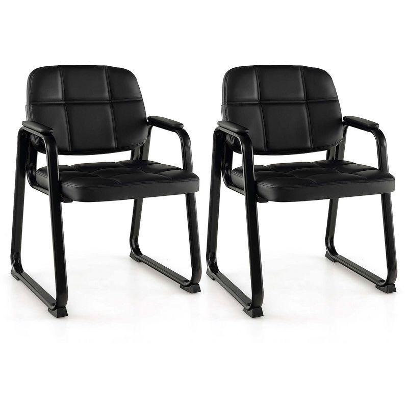 Black Leather Upholstered Guest Conference Chairs with Metal Frame, Set of 2