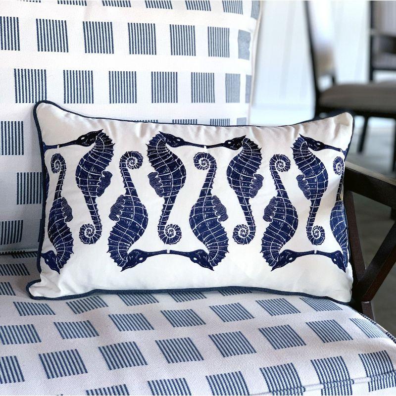 Rightside Design Indigo Series Seahorse Pattern Embroidered Outdoor Olefin Throw Pillow