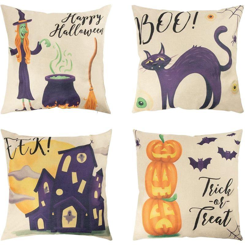 Juvale Set of 4 Fall Halloween Pillow Covers, 4 Spooky Designs, Square Throw Pillowcases for Halloween Decor (18 x 18 in)