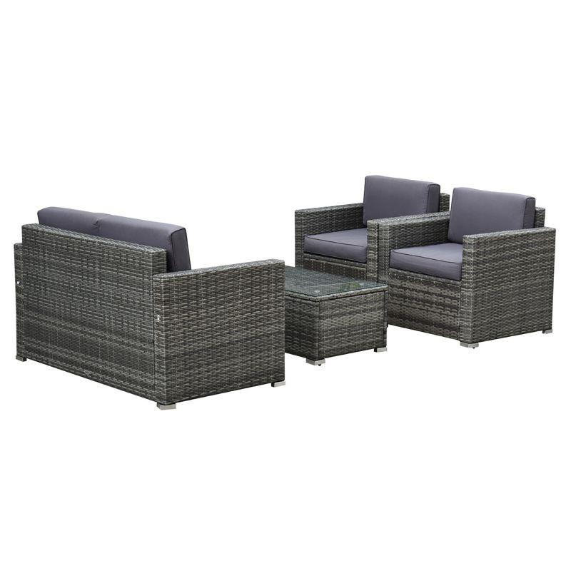 Outsunny 4-Piece Rattan Wicker Furniture Set, Outdoor Cushioned Conversation Furniture with 2 Chairs, Loveseat, and Glass Coffee Table, Gray