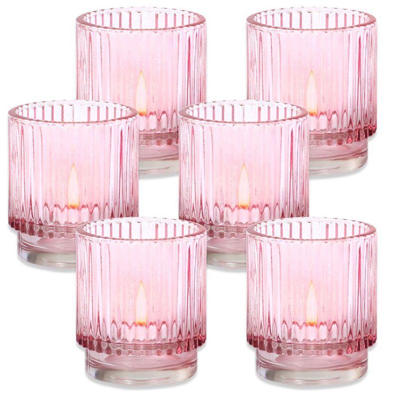 Blush Pink Ribbed Glass Votive Candle Holders Set of 6