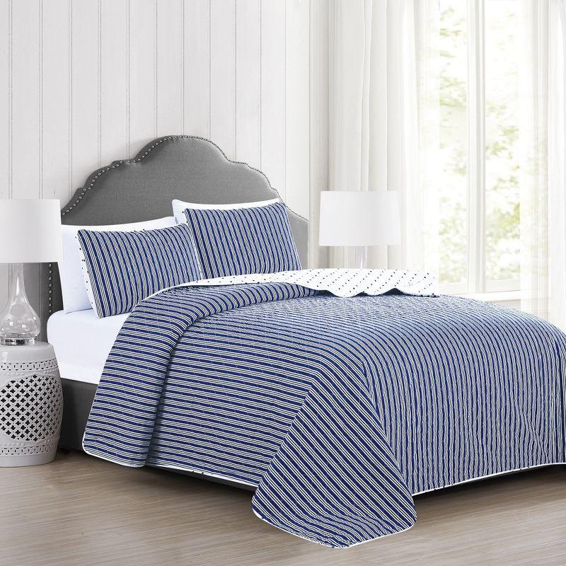 King White and Navy Reversible Microfiber Quilt Set