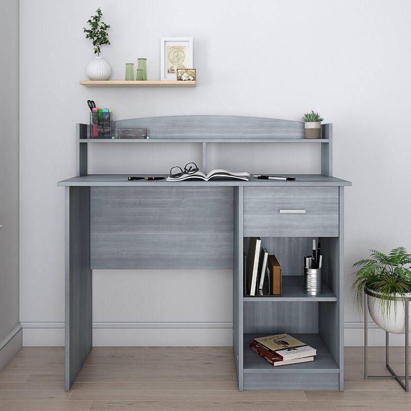 Modern Office Desk with Hutch Gray - Techni Mobili: Laminated Particle Board, Storage Hutch