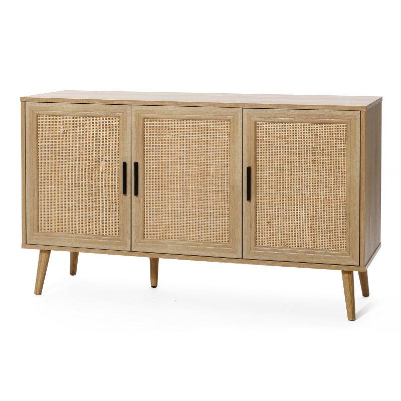 LuxenHome Rattan Buffet Cabinet with Storage, 47" Light Oak Finish Wood Accent Sideboard Cabinet with 3-Door, Boho Coffee Bar Console Table