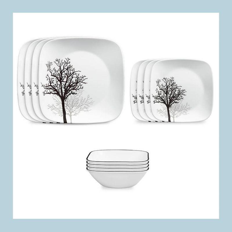 Corelle 12pc Vitrelle Timber Shadows Dinnerware Set: Botanical Tree Pattern, Service for 4, Includes Plates & Bowls
