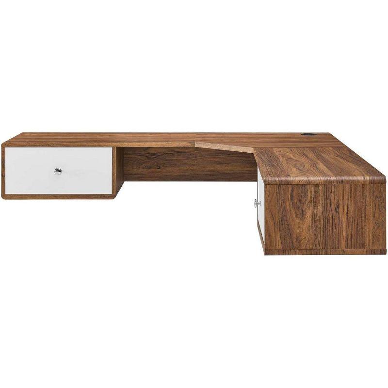 Mid-Century Walnut Wood Wall-Mounted Corner Desk with Drawers