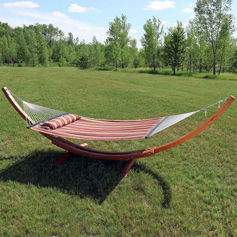 Sunnydaze Quilted Double Fabric 2-Person Hammock with Curved Arc Wood Stand - 400 lb Weight Capacity/13' Stand - Red Stripe