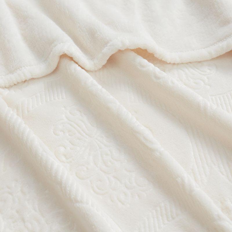 Ivory Ultra Soft Fleece Throw Blanket with Ogee Damask Pattern