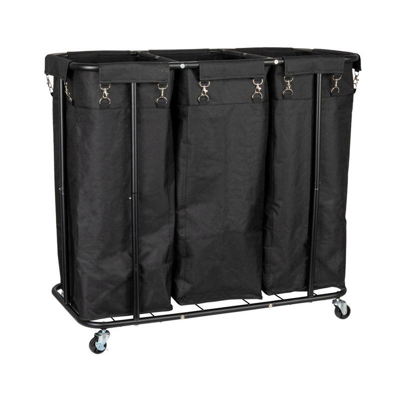 Black Metal 3-Bag Rolling Laundry Sorter with Wheels