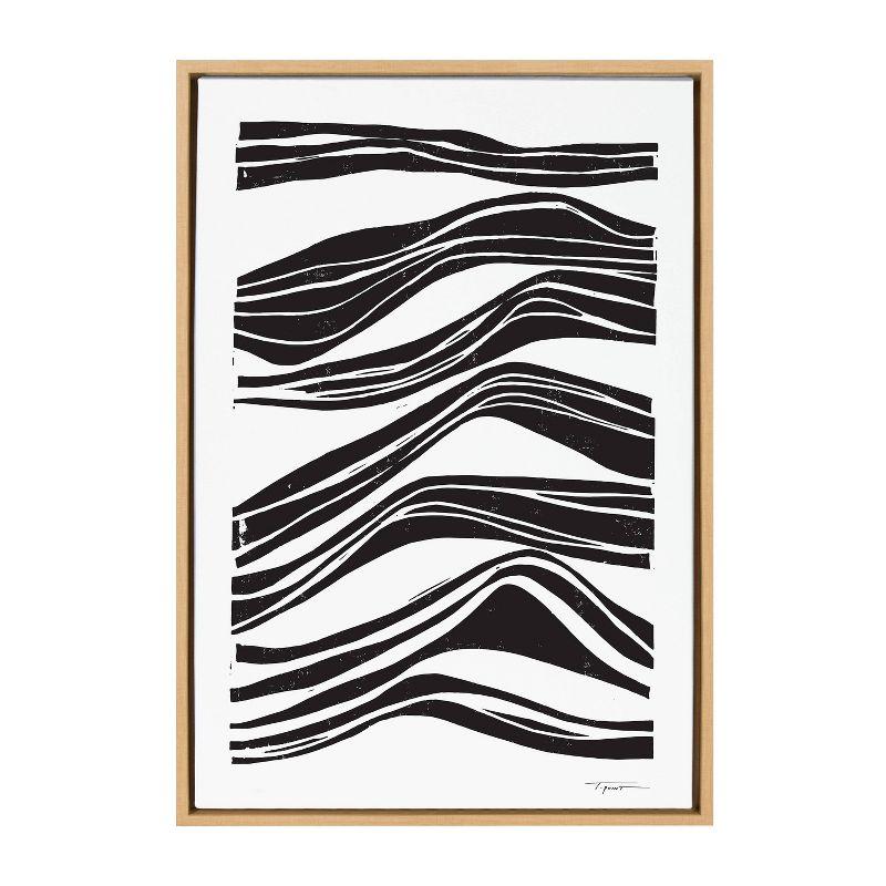 Abstract Waves Black and White Canvas Wall Art with Natural Frame