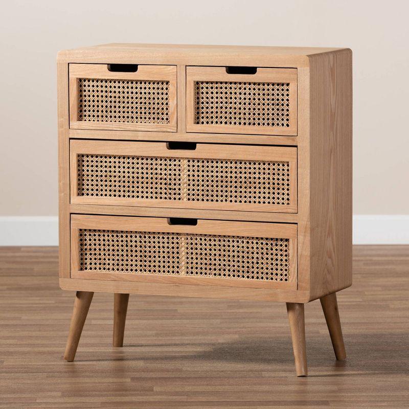 Alina Wood and Rattan 4 Drawer Accent Chest Oak - Baxton Studio: Small Profile, Bohemian Vibe, Ample Storage