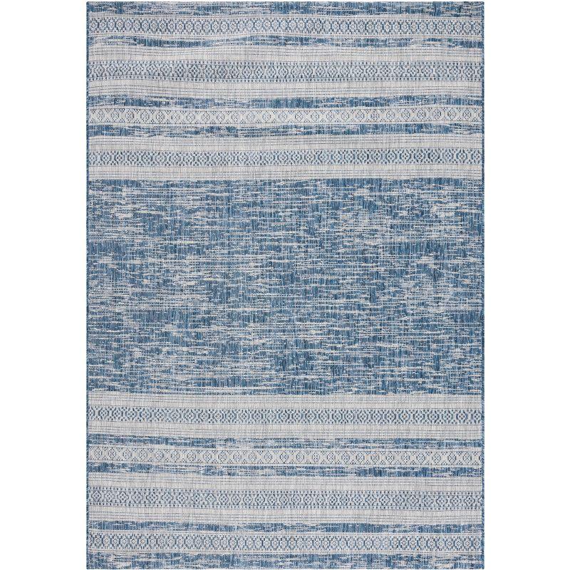 Navy and Gray Rectangular Synthetic Indoor/Outdoor Rug