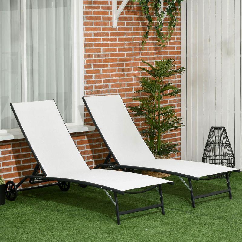 Outsunny Patio Chaise Lounge Chair Set of 2, 2 Piece Outdoor Recliner with Wheels, 5 Level Adjustable Backrest for Garden, Deck & Poolside