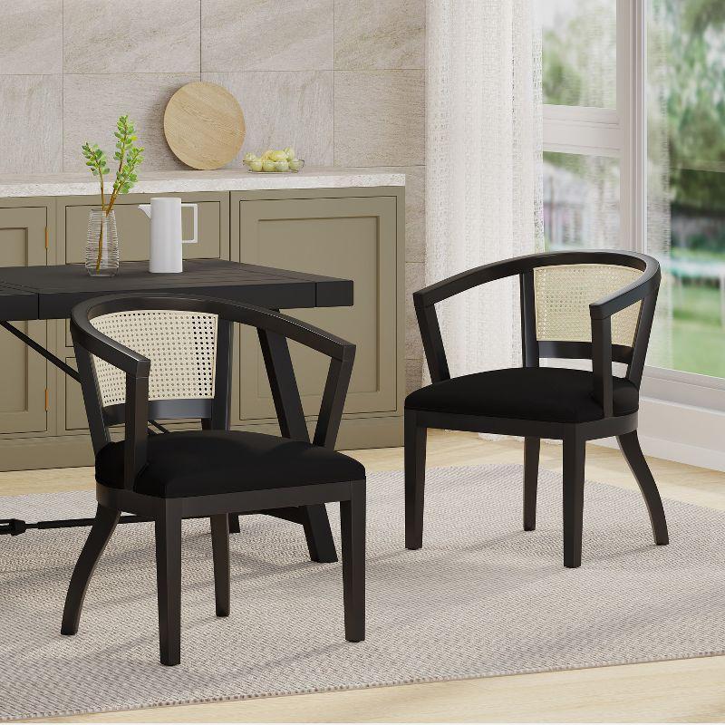 Black Velvet Upholstered Wood and Cane Arm Chair Set