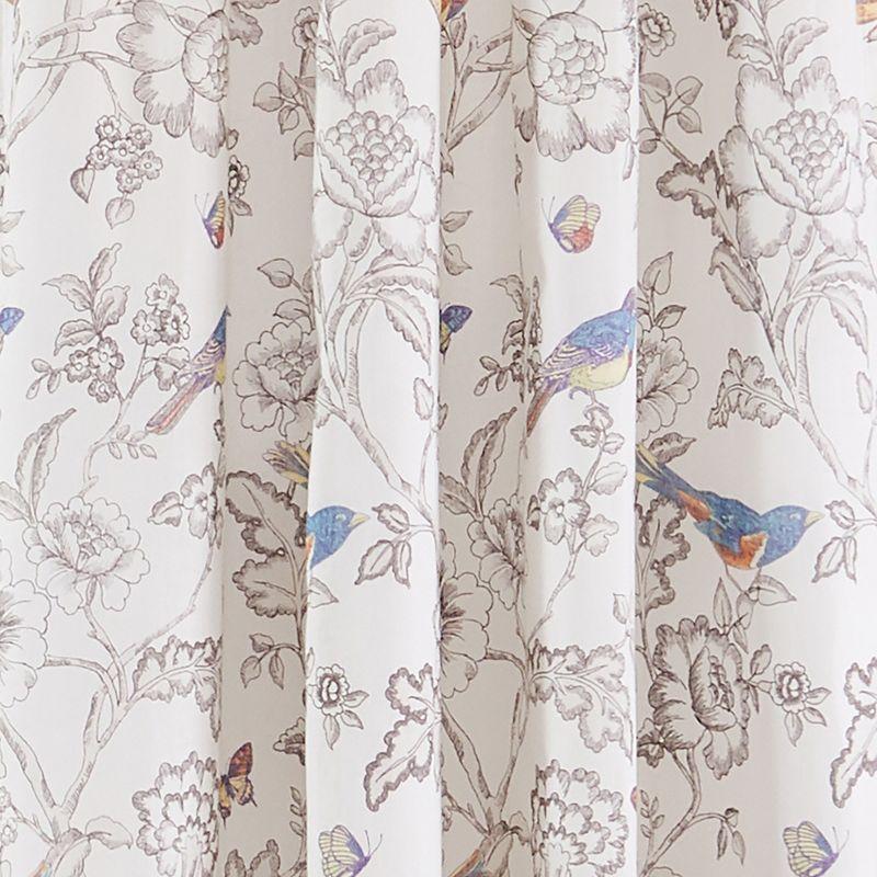 Gray Floral Bird Print Cotton Rod Pocket Curtains