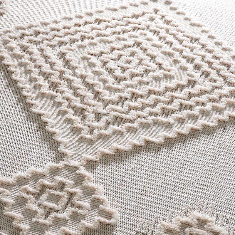 Cream Geometric High-Low Polyester Area Rug 5'3" x 7'