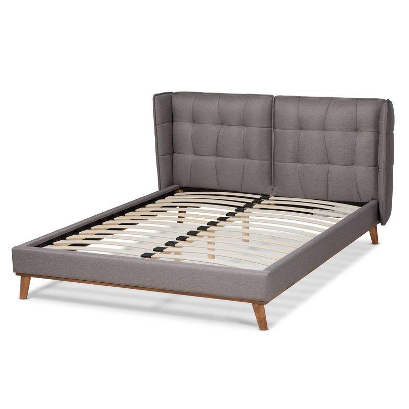 Elegant Queen-Sized Gray Upholstered Wingback Bed with Walnut Wood Frame