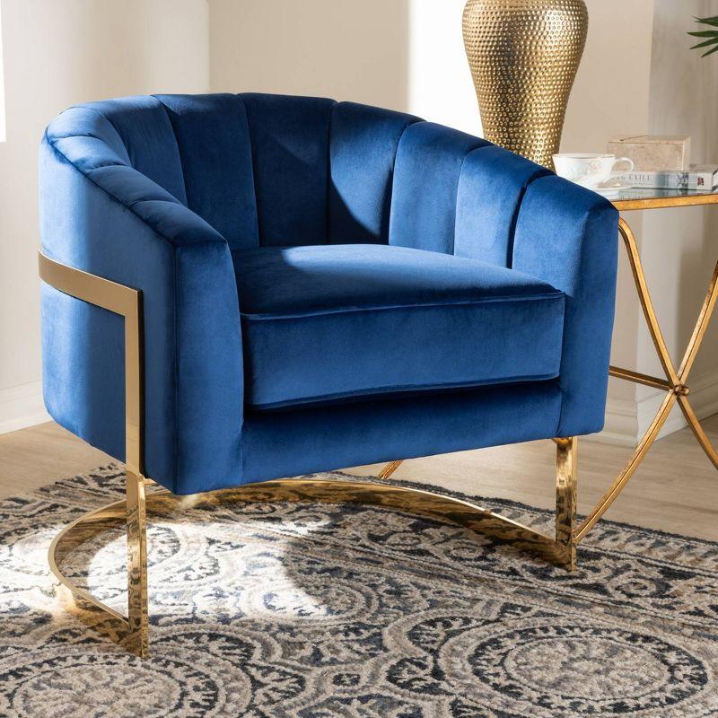 Tomasso Velvet Lounge Chair Blue - Baxton Studio: Polyester Upholstery, No Assembly, Modern Armchair