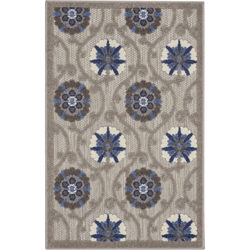 Nourison Aloha Contemporary Floral Flatweave High-Low Indoor Outdoor Area Rug Grey/Blue 2'8" x 4'