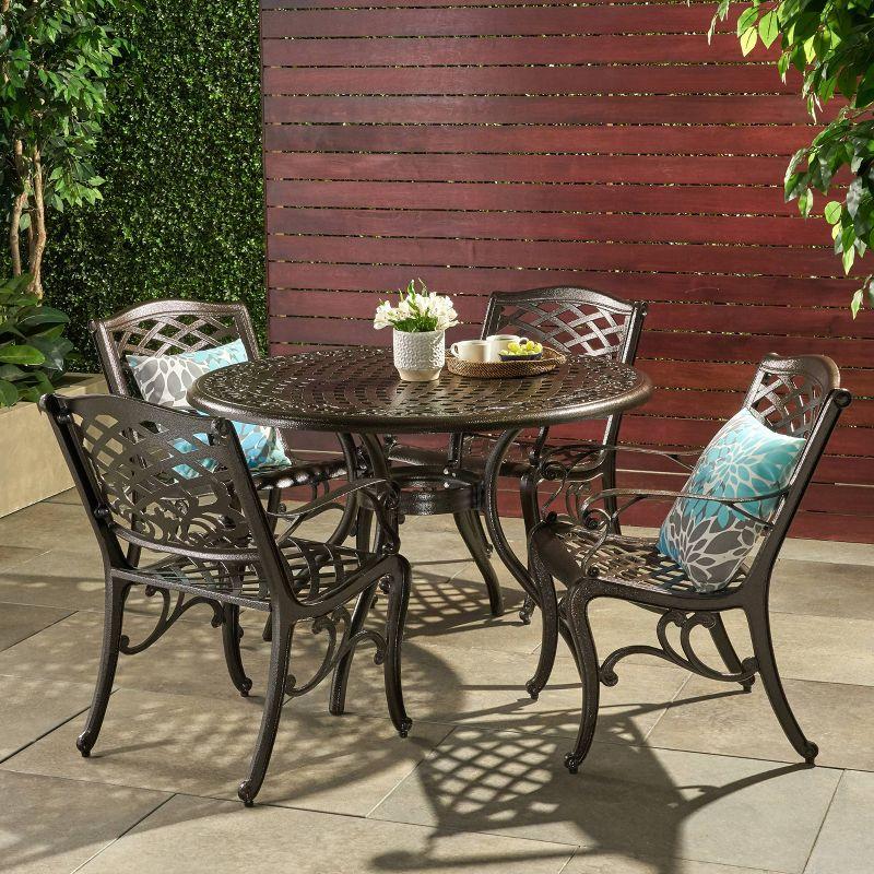 Hallandale Sarasota 5pc Cast Aluminum Patio Dining Set - Bronze - Christopher Knight Home: Weather-Resistant, 4 Arm Chairs, No Cushions
