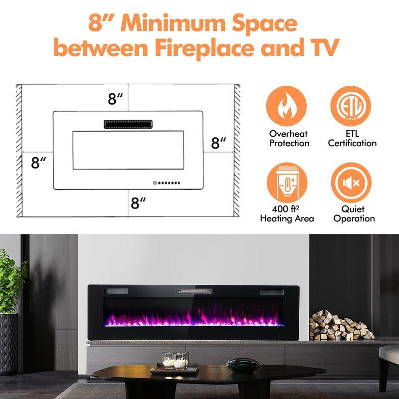 Costway 68'' Ultra-Thin Electric Fireplace Recessed Wall Mounted W/Crystal Log Decoration