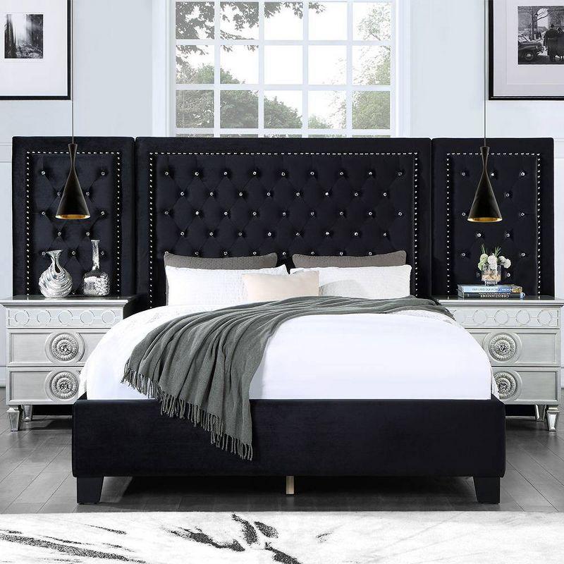 Damazy 86" King Bed Black Velvet - Acme Furniture: Crystal-like Tufting, Nailhead Trim, No Box Spring Required