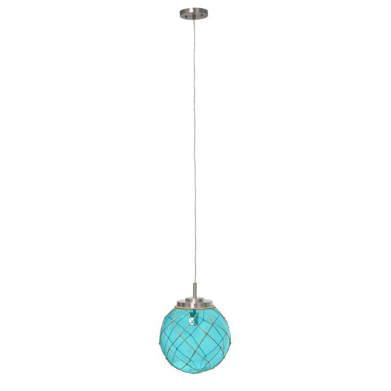 Buoy Netted Coastal Ocean Sea Glass Pendant with Natural Rope Aqua - Elegant Designs: Brushed Nickel Canopy, UL Listed