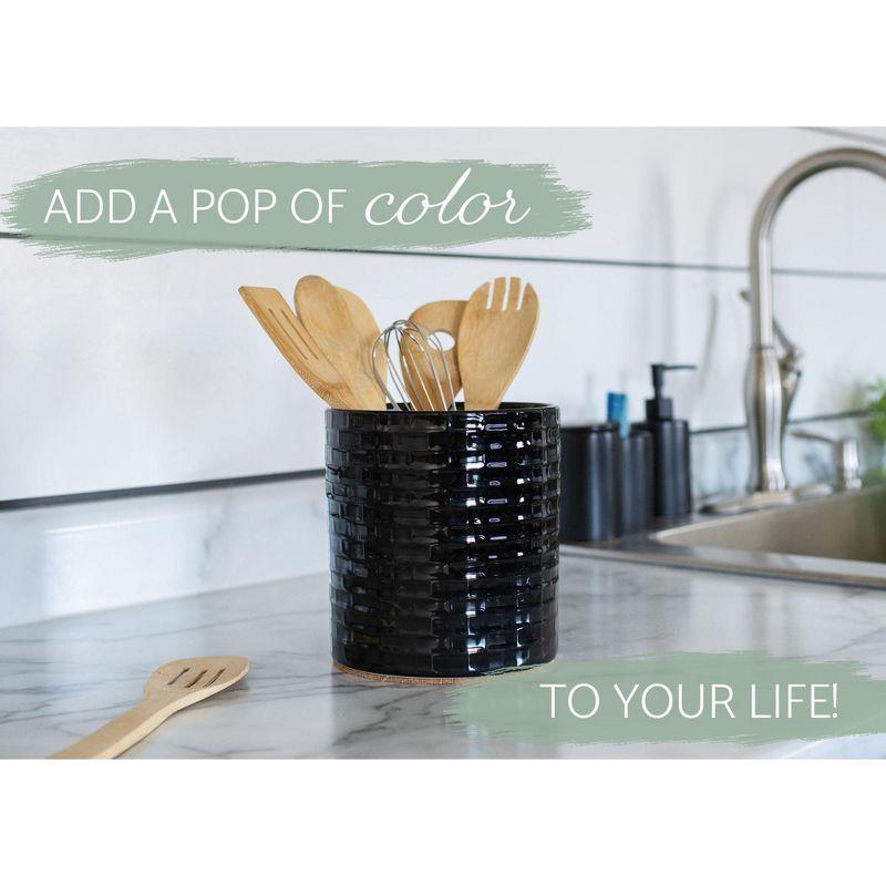 Elanze Designs Embossed Subway Tile Ceramic Stoneware Cork Bottom Kitchen Utensil Holder, Black