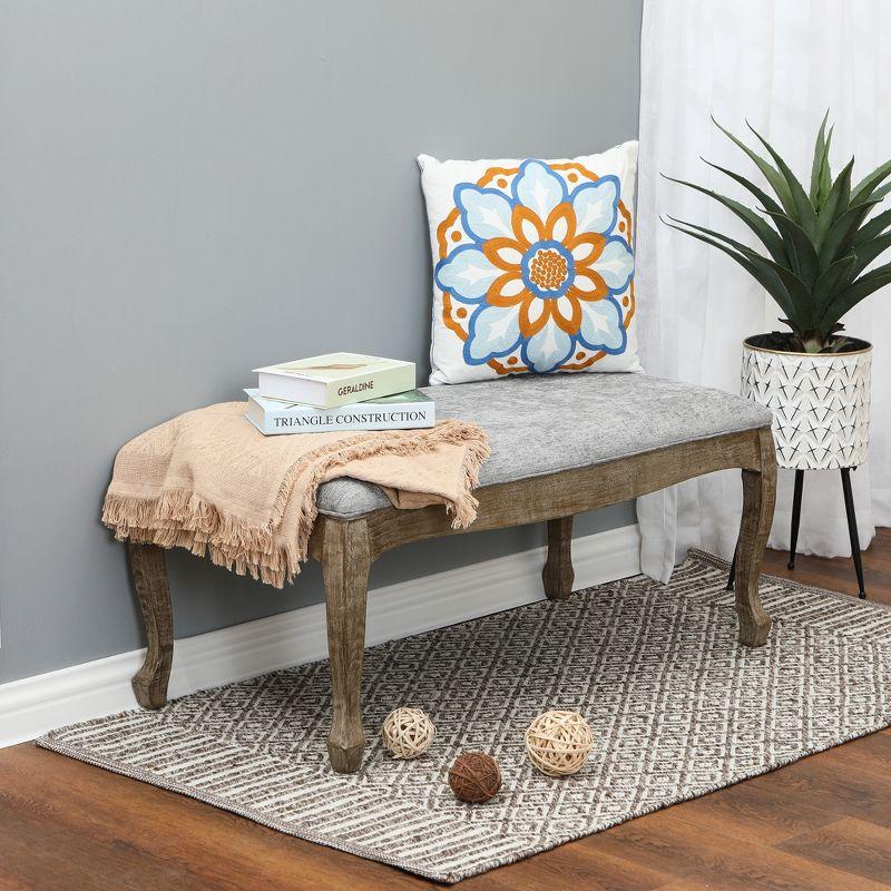 Gray Linen Upholstered Bench with Fir Wood Cabriole Legs