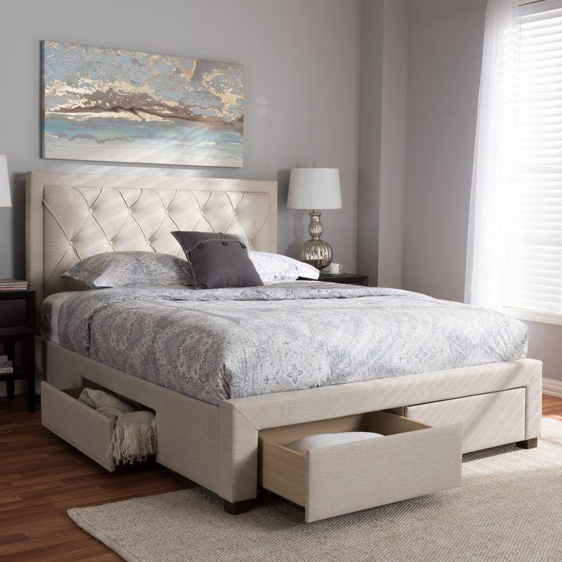 Elegant Light Beige Queen Upholstered Storage Bed with Tufted Headboard