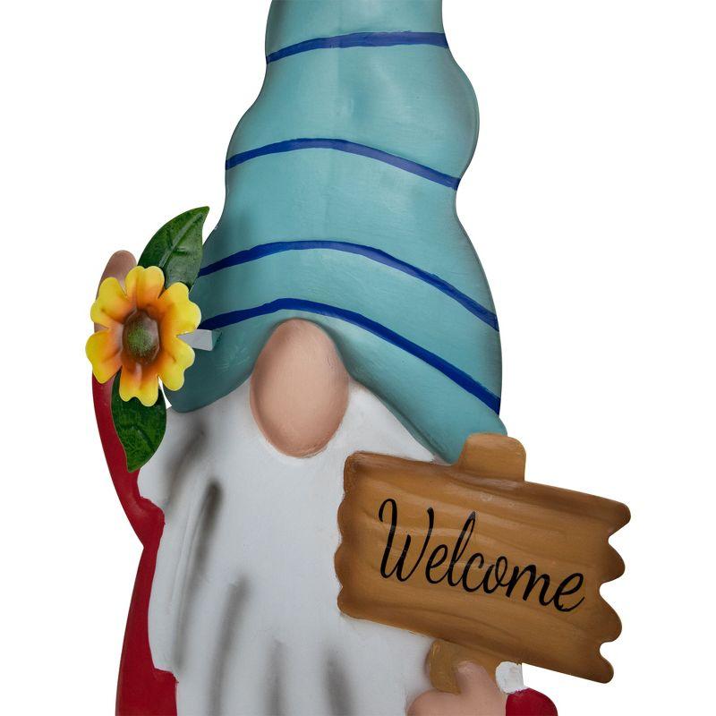 Red and Blue Welcome Gnome Garden Stake with Metal Sign