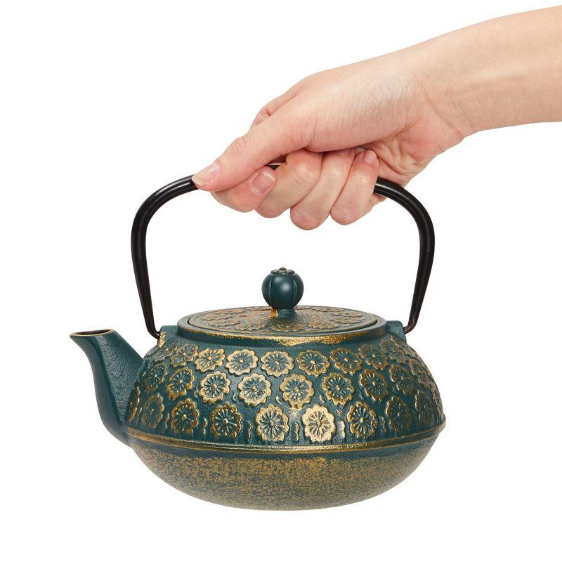 Juvale Green Cast Iron Floral Teapot Kettle with Stainless Steel Infuser Set, Japanese Tea Pot for Kitchen Pantry, 34 oz