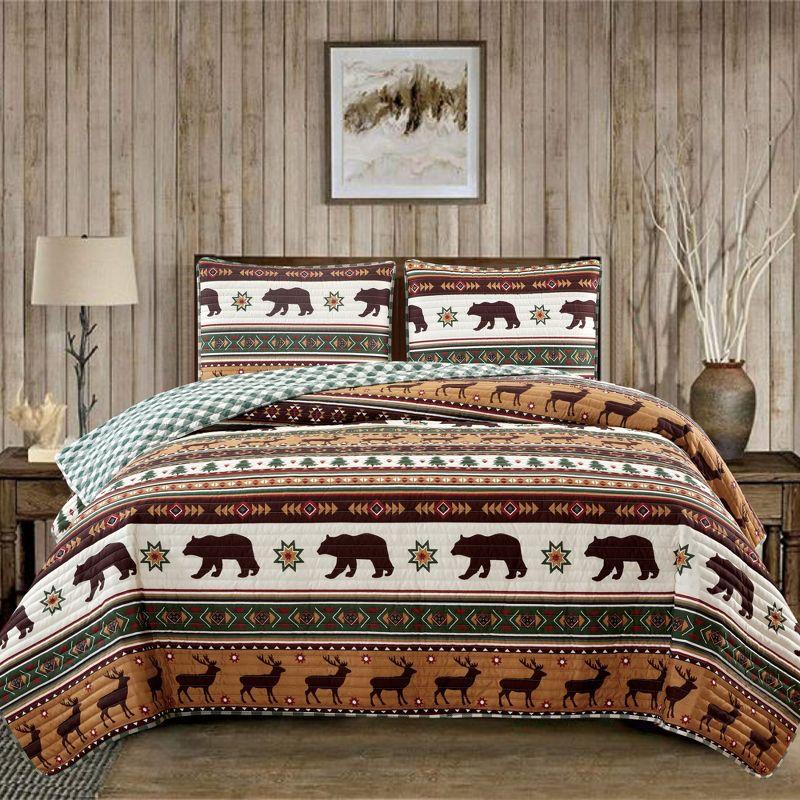 Full Brown Microfiber Reversible Lodge Quilt Set