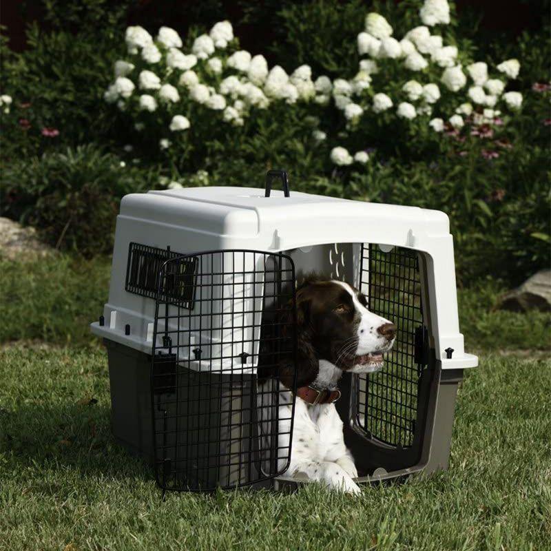 Miller Manufacturing Company Portable Plastic Hard Sided Pet Travel Crate Carrier Kennel w/ Double Doors For Dogs, Rabbits, & Animals, Beige & Taupe