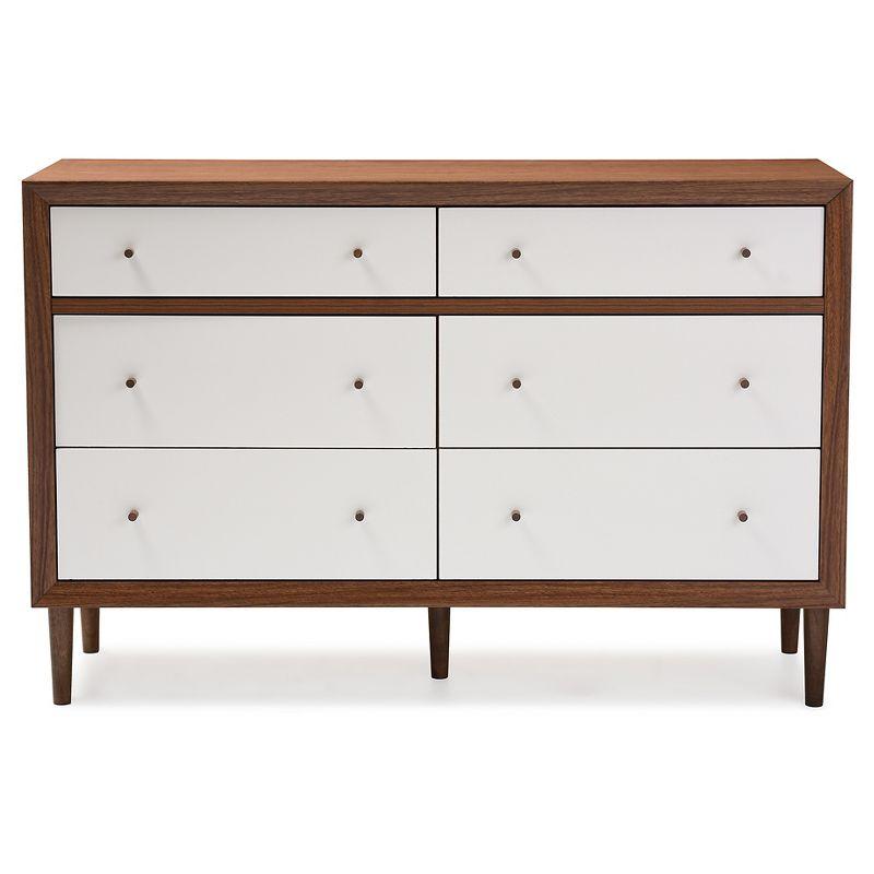 Harlow Mid-Century Modern Scandinavian Style Wood 6 Drawer Storage Dresser White/Walnut - Baxton Studio: Rubberwood Legs, Splayed Design