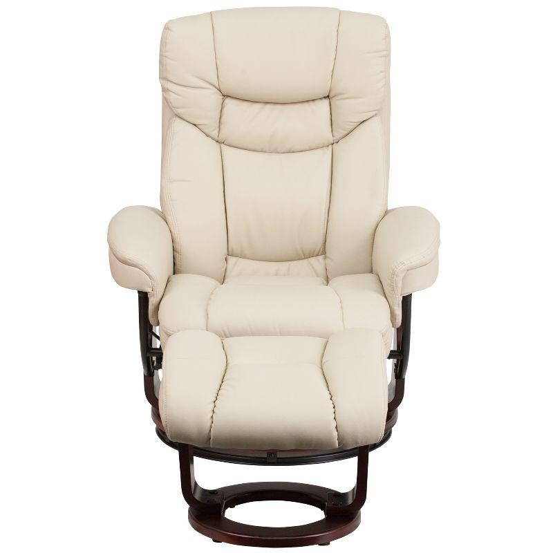 Beige Faux Leather Swivel Recliner with Mahogany Wood Base and Ottoman