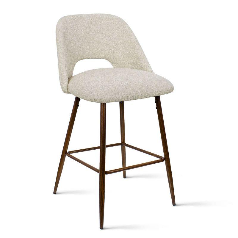 Beige Upholstered Counter Stools with Walnut Legs, Set of 2