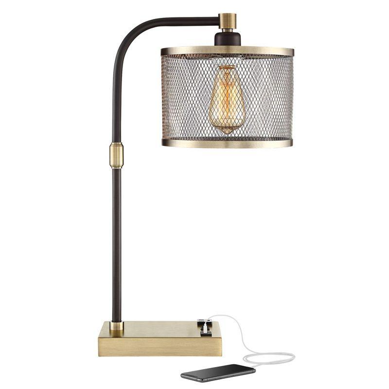 360 Lighting Brody Industrial Desk Lamp 22 1/4" High Antique Brass with USB and AC Power Outlet in Base Black Perforated Metal Shade for Living Room