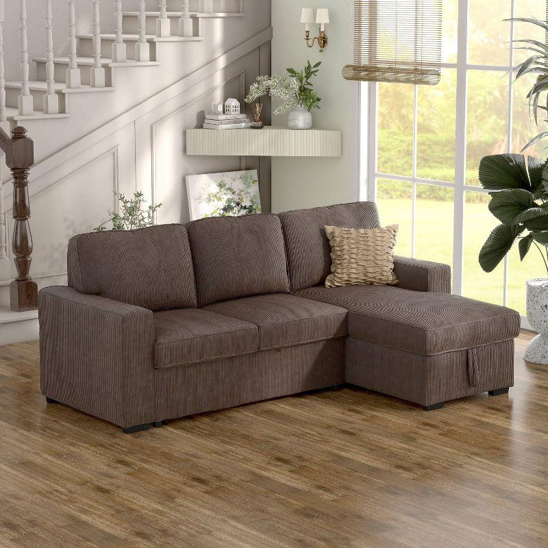 HOMES: Inside + Out Paeke Sleeper Sectional Sofa Corduroy with Storage Chaise and Reversible Brown