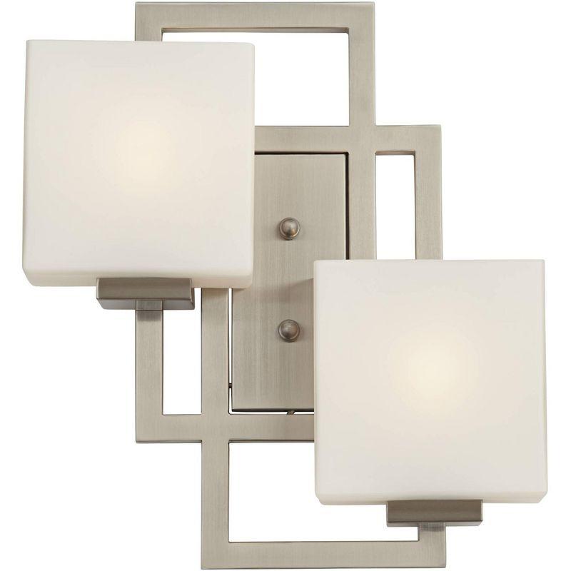 Possini Euro Design Modern Wall Light Sconce Brushed Nickel Hardwired 15 1/2" 2-Light Fixture Square Opal Glass Bedroom Bathroom